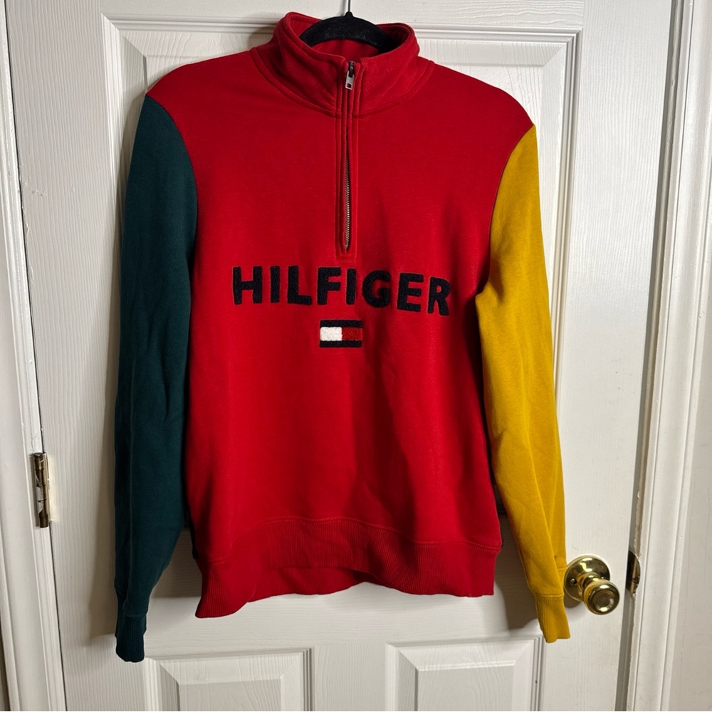 Tommy Hilfiger Mens 1/4 Zip Color Block Spell Out Sweatshirt Size S Y2K Hip Hop